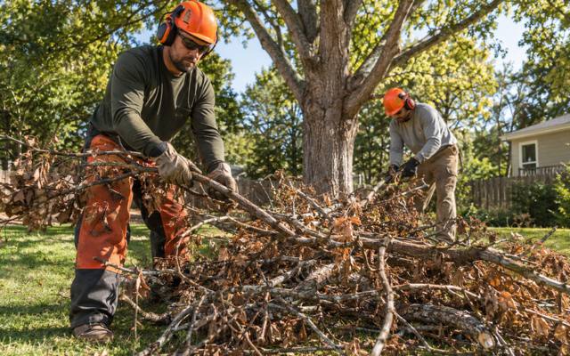 A dead branch section being removed from a backyard tree