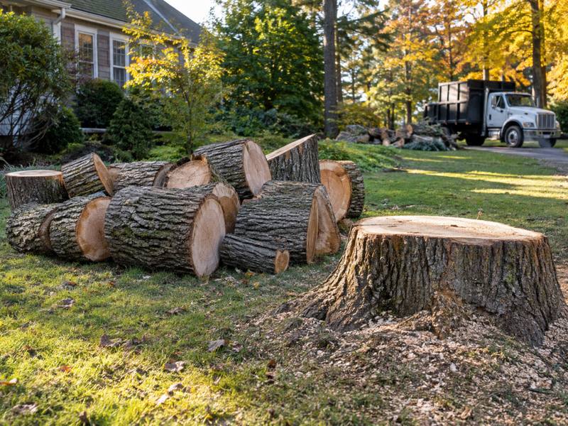 Sections of a removed tree staged for hauling